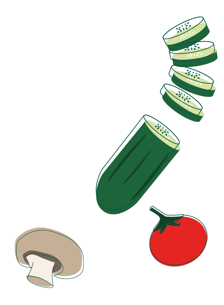 Illustration mit einer Gurke, Tomate, Pilz