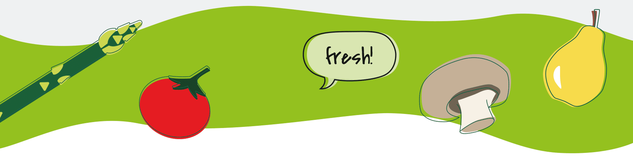 Illustration mit Spargel, Birne, Tomate, Pilz, Fresh